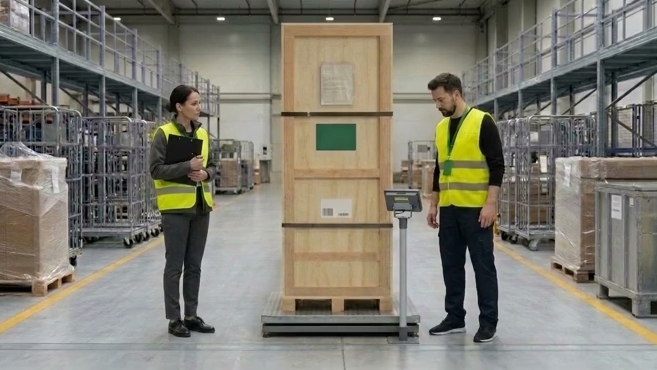 A frame from the first screen's footage: a crate on a scale between two people in CFL vests