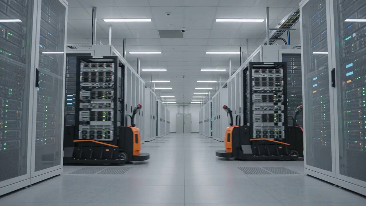 A data hall aisle with two racks on pallet movers, graded green and darkened from the left