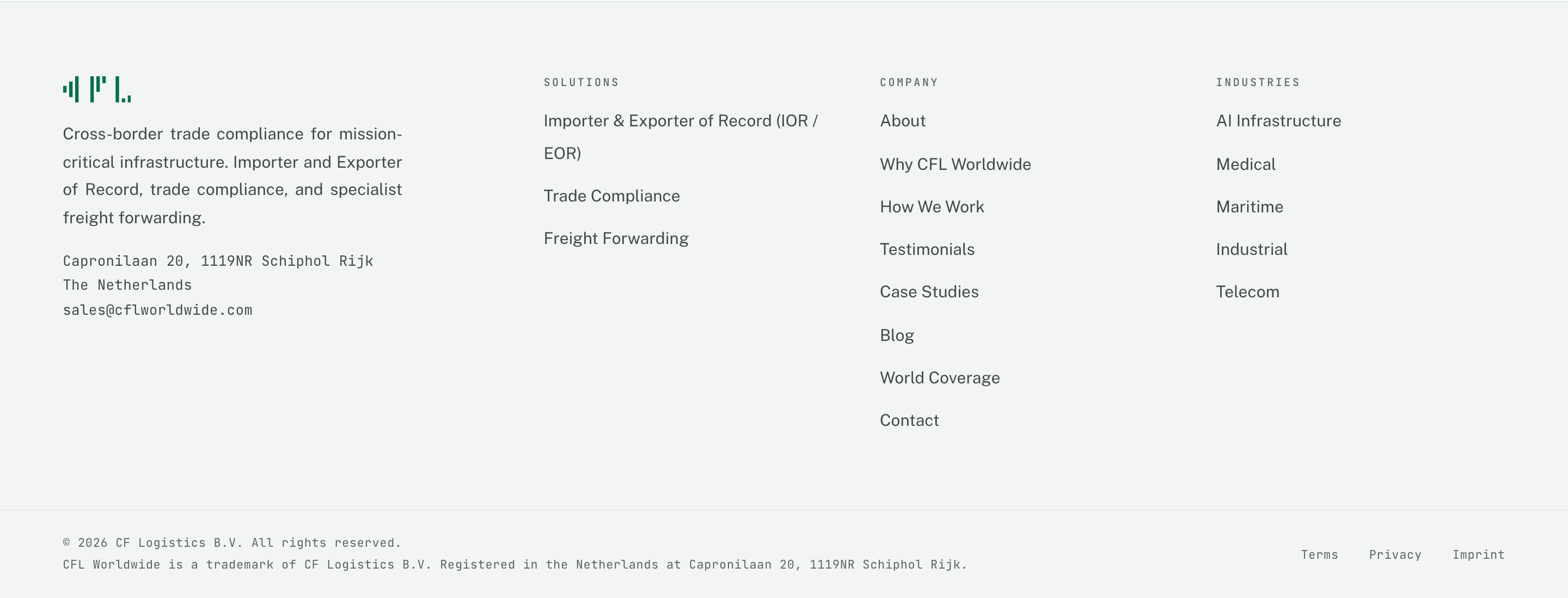 The footer on Paper 2: the mark, the line Cross-border trade compliance for mission-critical infrastructure, the address, the columns Solutions, Company and Industries, and the legal block
