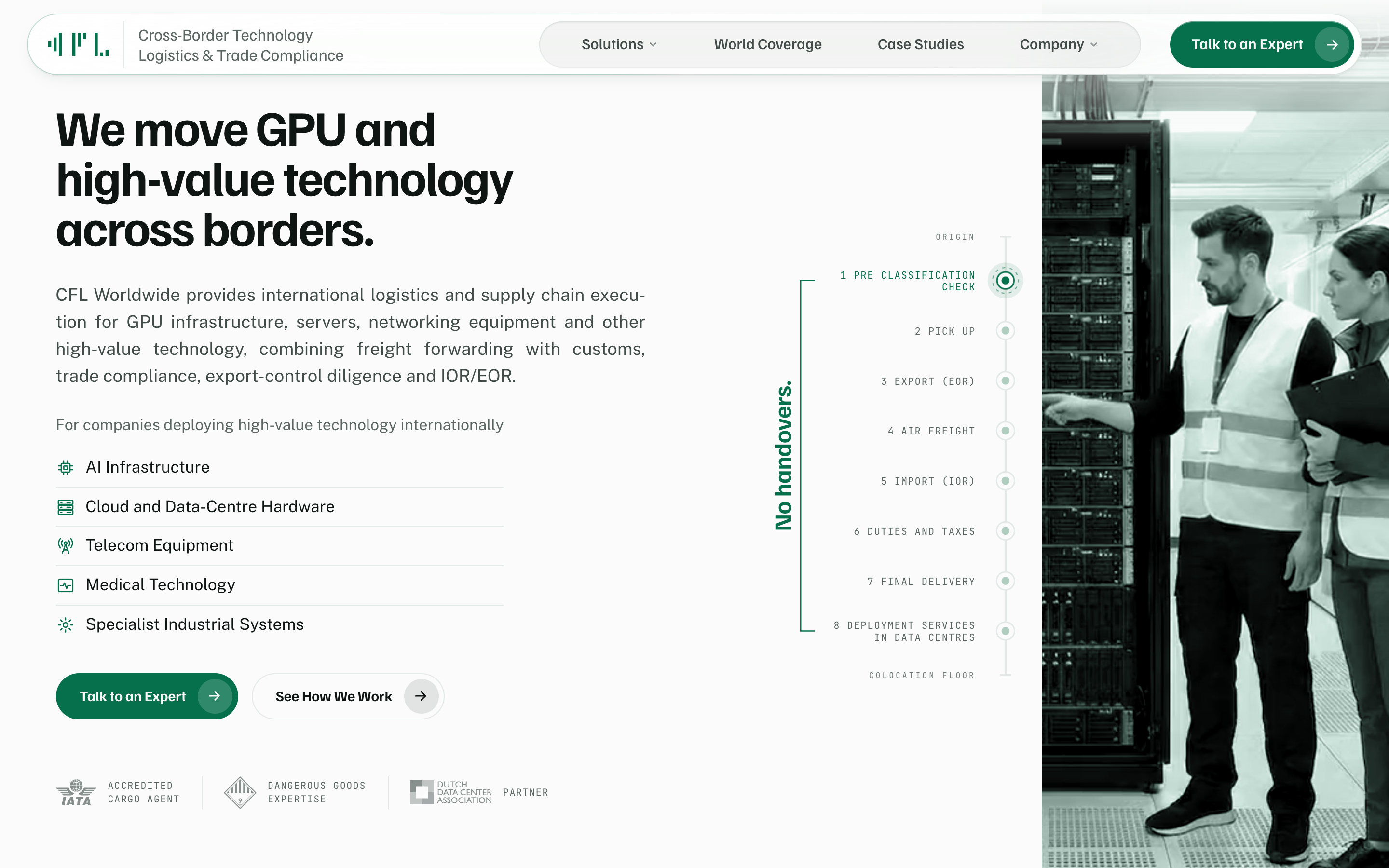 The home page's first screen at 1440 pixels: the header island with the mark, the hairline and the descriptor, the navigation and Talk to an Expert; the headline, the paragraph, the sectors, two buttons and the proof strip; the eight-stage rail; the clip column
